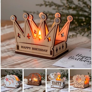 3D Happy Birthday candle holders bundle, birthday candle holder laser cut files, tea light holder, birthday decoration, crown, kids svg