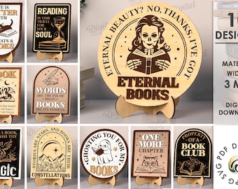 Pacote de placas de estante 3D, placa com suporte cortado a laser, citações de leitura svg, suporte de prateleira de madeira, decoração para casa, presente para amantes de livros, engraçado, sarcástico