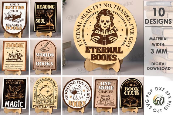 3D Book shelf signs bundle, sign with stand lasercut, reading quotes svg, wooden shelf sitter, home decor, book lover gift, funny, sarcastic