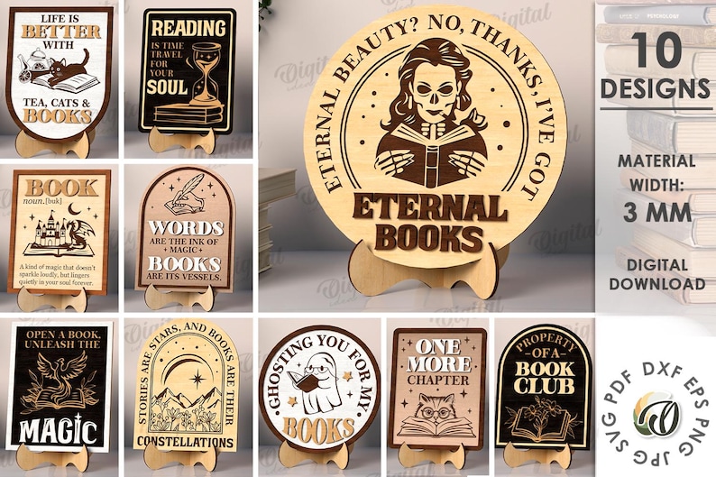 K&ouml;nnte beinhalten: Eine Sammlung von zehn Holzschildern mit Buchmotiven und Zitaten. Die Schilder werden auf kleinen Holzst&auml;ndern pr&auml;sentiert. Die Designs umfassen Zitate &uuml;ber das Lesen, Katzen und Magie. Materialst&auml;rke: 3 mm.