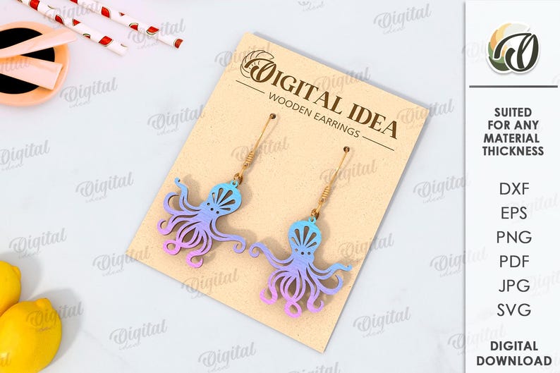 May include: A digital download of a pair of wooden earrings featuring an octopus design. The earrings are a gradient of blue and pink. The text "DIGITAL IDEA WOODEN EARRINGS" is on the card.