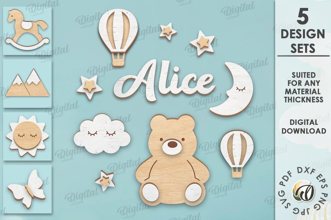 3D Kids Nursery Wall Decors Bundle, Baby Room Sign Laser Cut, Wooden ...