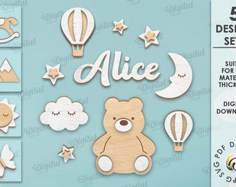 May include: A collection of wooden nursery decor elements, including a rocking horse, mountains, sun, butterfly, hot air balloon, stars, cloud, moon, and a teddy bear. The name "Alice" is also featured. The design is suited for any material thickness.