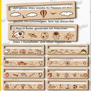 May include: A collection of ten wooden design templates with various engraved illustrations. The designs include clouds, a hot air balloon, a rocket, an astronaut, a car, a flower, an apple, books, a globe, and more. The text "10 Designs" is visible.