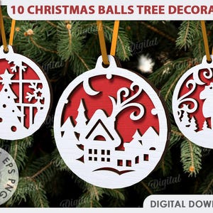 3D kerstboom ornamenten bundel, kerstboom bal decoraties lasergesneden, kerstballen, gelaagde houten ornament, kerstboom speelgoed svg