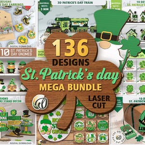 Puede incluir: Un paquete de descarga digital de 136 diseños de San Patricio para corte por láser. Los diseños incluyen gnomos, tréboles, aretes, casas, trenes, etiquetas de regalo y decoración de stands. Los diseños son perfectos para manualidades y decoración para las fiestas.