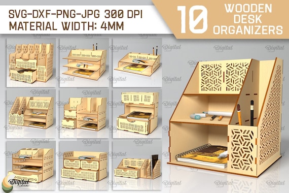 Wooden desk organizers bundle, desk organizer with drawers laser cut, storage bin, desktop office organizer svg, work documents holder