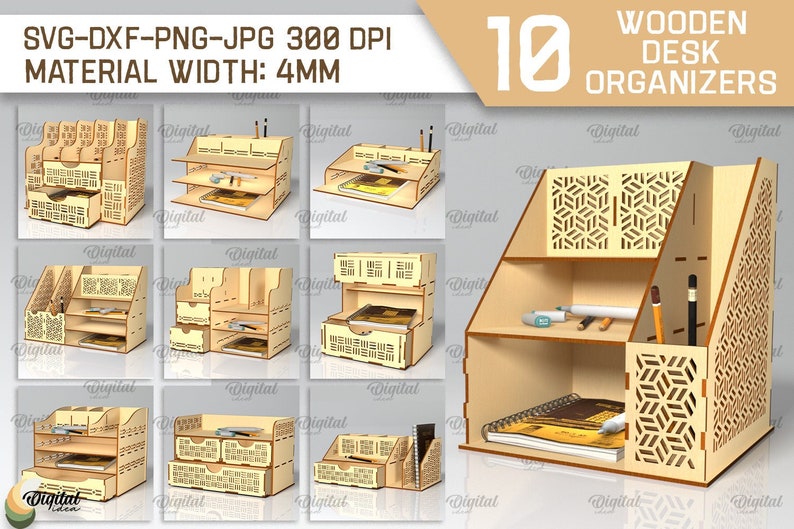 May include: Ten different designs for wooden desk organizers. Each organizer is made of light brown wood and features a variety of compartments and shelves for storing office supplies. The organizers are 4mm thick and are available in SVG, DXF, PNG, and JPG formats at 300 DPI.