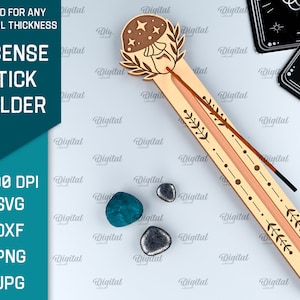 May include: Wooden incense stick holder with a mushroom design. The holder has a groove for the incense stick and a decorative design of leaves and dots. The mushroom has a starry design.