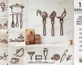 Kitchen line art decors bundle, minimalist sign laser cut files, wall art home decor, coffee hanger svg, food, wine, wooden modern sign