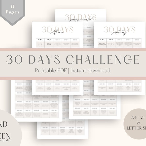 Printable 30 Days Challenge Pages: Transform Your Life with Social Media Detox, Success Mindset, Self-Care Productivity Happiness Positivity