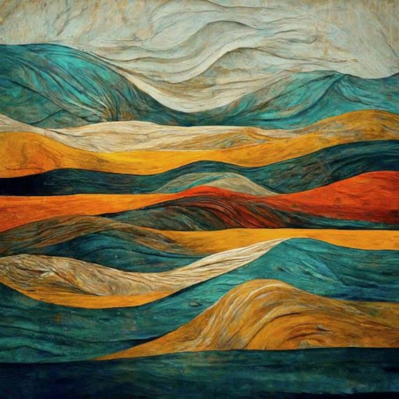 Abstract painting made up of flowing, layered bands of color that move horizontally across the canvas.