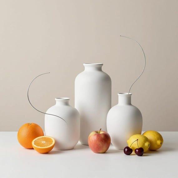 Matte white ceramic vases of different shapes and heights, arranged on a clean white surface. Fresh fruit including oranges, apples, lemons.