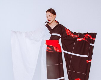 Avantgarde black and white kimono dress with long sleeves and corset belt - unisex kimono - drag queen kimono robe - custom made kimono