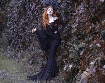 Custom made gothic gown - bell sleeve asymmetric long dress - black witch dress - witchy maxi dress