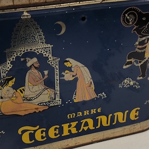 Deckel Dose Groß Tee Teekanne Kobold Blau Indische Motive 1950 1960 Sammlerstück Bild 3