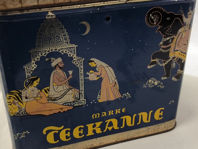 Deckel Dose Groß Tee Teekanne Kobold Blau Indische Motive 1950 1960 Sammlerstück Bild 3