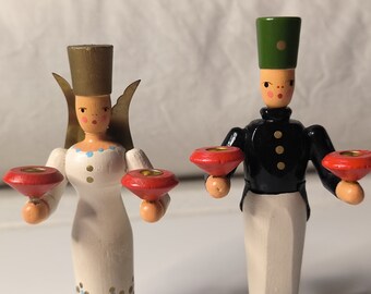 Miner and angel with lights made of wood, turned and painted, Erzgebirge, 10 cm, pair Christmas