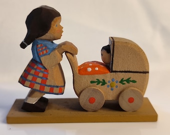 Emil Helbig linden wood hand-carved hand-painted figure &quot;Girl Child with Pram&quot;