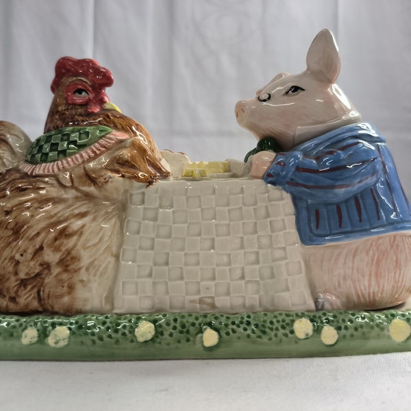 FITZ AND FLOYD: Deckeldose / Butter Pastete Huhn und Schwein beim Frühstück