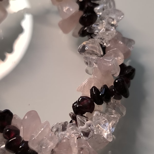 Purple Rhodolite/Garnet Pink Rose Quartz White Rock Crystal Chip Stones 3 Bracelets Twisted Adjustable