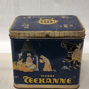 Deckel Dose Groß Tee Teekanne Kobold Blau Indische Motive 1950 1960 Sammlerstück Bild 1