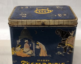 Deckel Dose Groß Tee Teekanne Kobold Blau Indische Motive  1950 1960 Sammlerstück