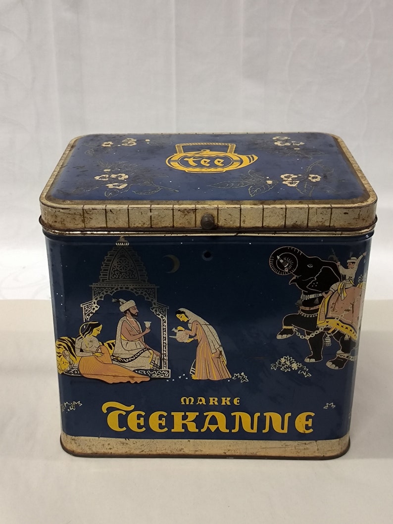 Boite couvercle grande théière à thé gobelin bleu motifs indiens 1950 1960 pièce de collection image 1