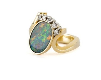 Australian Opal and Diamond Ring 18k Yellow Gold Statement Ring