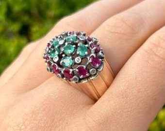 Vintage Natural Emerald, Ruby and Diamond Ring 14k Gold and Silver Antique Cluster Ring