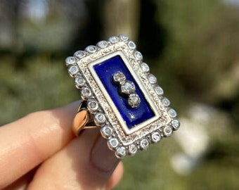 Vintage Cobalt Enamel and Diamond Ring in 18k Gold and Silver