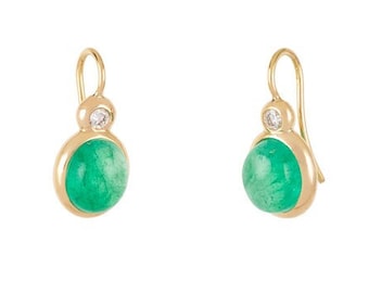 Natural Cabochon Emerald and Diamond Earrings 18k Yellow Gold Dangle Drop Earrings