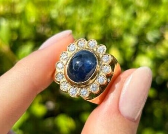 Natural Oval Cabochon Blue Sapphire and Diamond Ring in 18k Yellow Gold