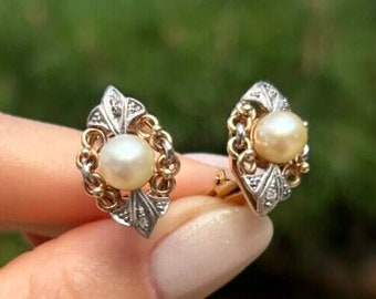 Vintage Pearl and Old Cut Diamonds Clip-On Earrings 18k Solid Yellow Gold Non-Pierced Earrings