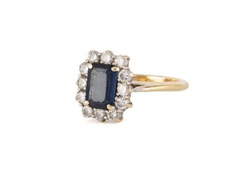 Natural London Blue Emerald Cut Sapphire and Diamond Cluster Ring in 18k Gold