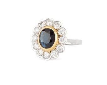 Natural Dark Blue Sapphire and Diamond Cluster Ring 18k White and Yellow Gold Floral Ring