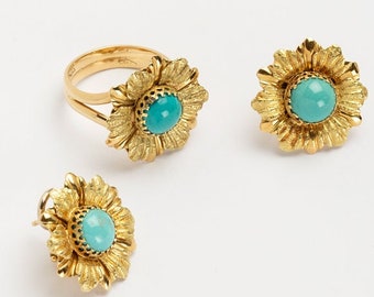 Vintage Turquoise Flower Jewelry Set in 18k Gold