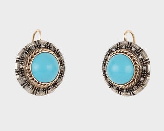 Vintage Turquoise Earrings with Diamonds in 12k Gold and Silver