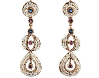 Vintage Natural Pearls, Blue Sapphires, Rubies Dangle Drop Earrings in 12k Gold