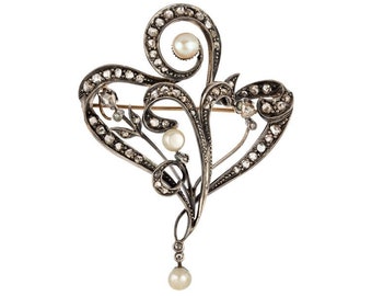 Art Nouveau Brooch with Pearls and Diamonds in 14k Gold and Silver