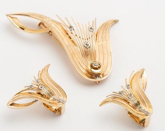 Vintage Diamond Earrings Brooch Set in 18k Gold