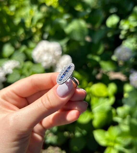 アールデコ サファイアとダイヤモンド リング 18K ホワイト ゴールド  