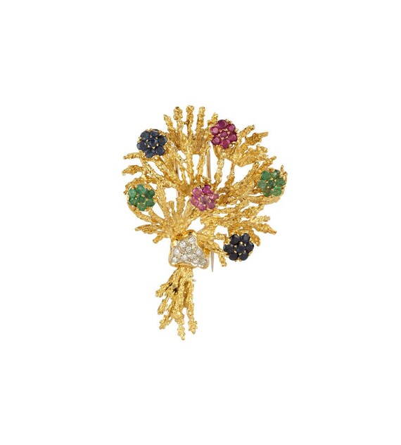 Buccellati Flower Brooch with Sapphires Emeralds Rubies and Diamonds in 18k Gold