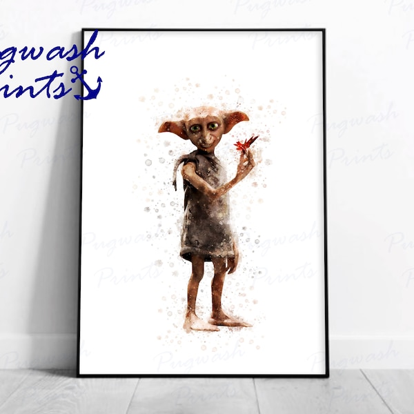 Magic Creature Print 'HOUSE ELF DOBBY' Watercolour Splash Art, Character Print, Poster, Wizarding World, Available in A5, A4, A3, A2