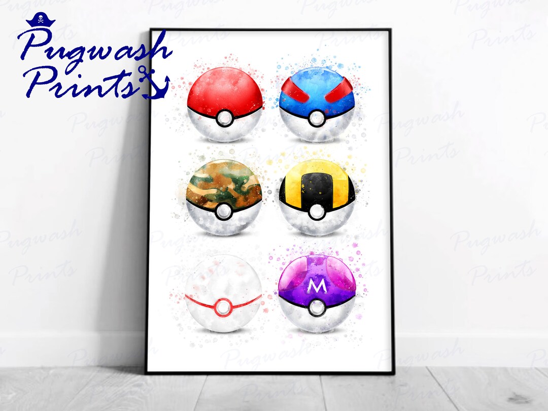 Pokemon Print 'POKEBALL SET' Watercolour Splash Art, Character Print ...