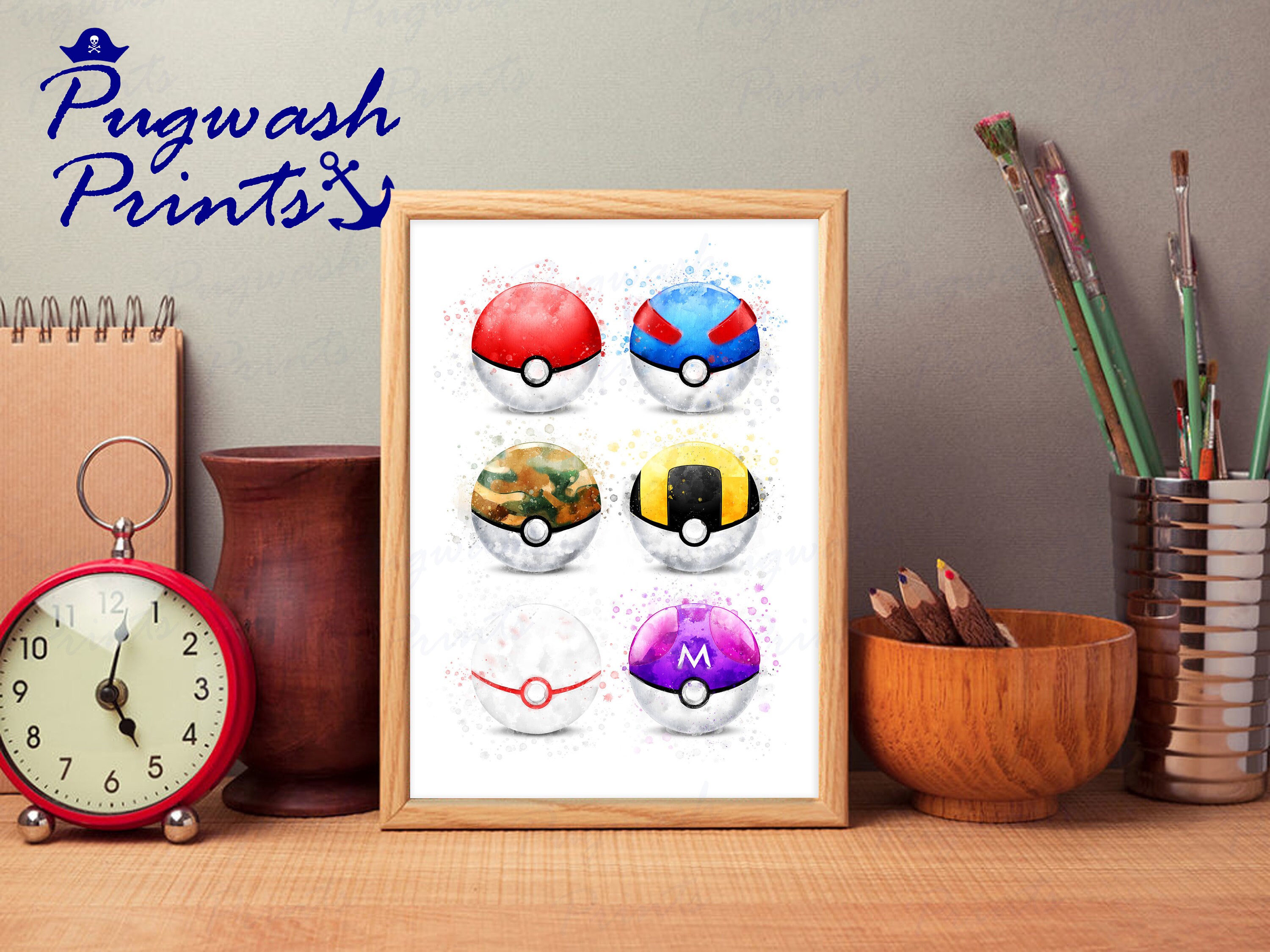 Pokemon Print 'POKEBALL SET' Watercolour Splash Art, Character Print ...