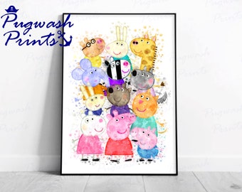 Peppa Pig Print 'PEPPA AND FRIENDS' Watercolour Splash Art, Character Print, Kids Bedroom, Home Decor, Poster, A5, A4, A3 & A2 size