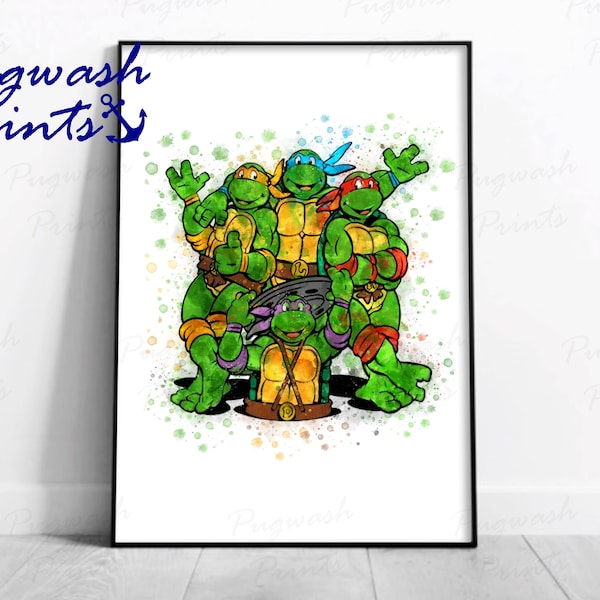 Teenage Mutant Ninja Turtles Print 'TURTLE GANG' character Watercolour Splash Art, Home Decor, Poster, A5, A4, A3 & A2 sizes