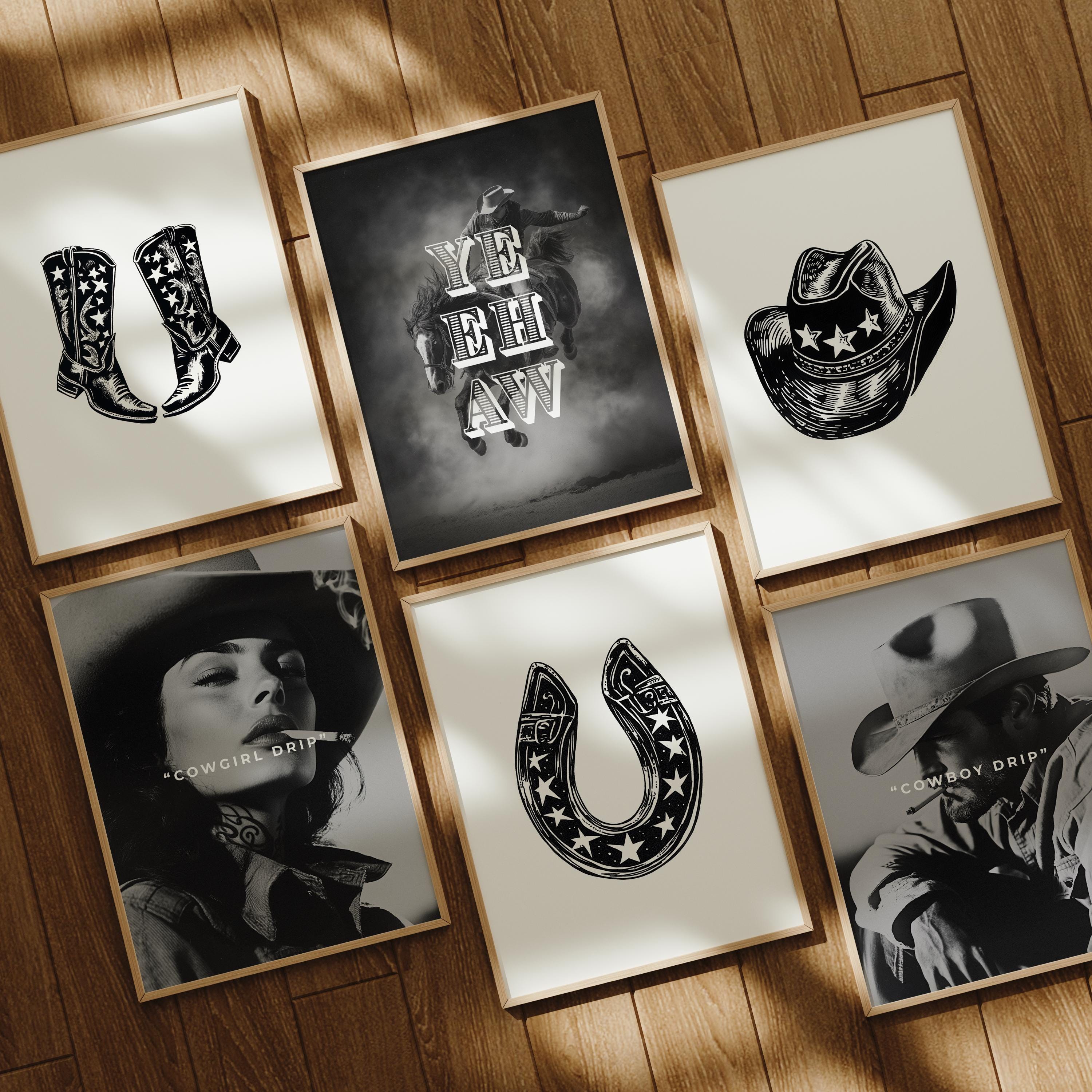 Cowboy Art Print Set Vintage Western Wall Art Wild West Poster Black ...