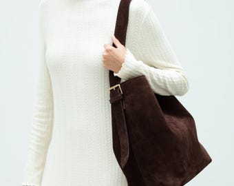 Handmade Deep Brown Suede Leather Tote Bag I Oversize Suede Tote Bag / Brown Suede Bag